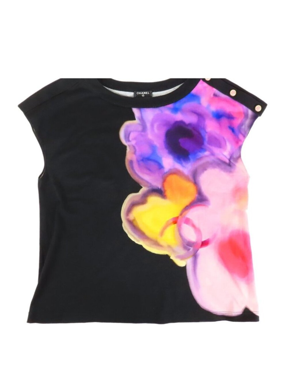 Chanel Top Black Multicolor Cotton Flower Graphics French Sleeve Top 40